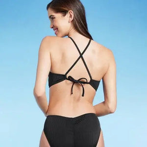 Shade & Shore Women's Longline V-Cut Bikini Top Swimsuit Back Tie Swimwear Black