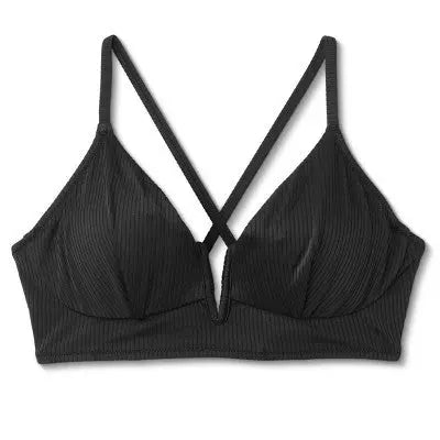 Shade & Shore Women's Longline V-Cut Bikini Top Swimsuit Back Tie Swimwear Black