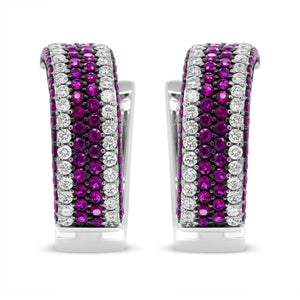 18K White Gold 1 7/8 Cttw Diamond and 1mm Round Red Ruby Open Swish Hoop Earrings (F-G Color, VS1-VS2 Clarity)