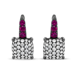 Black Rhodium Plated 18K White Gold 7/8 Cttw Round Diamond and Graduated Red Ruby Drop Earrings (F-G Color, VS1-VS2 Clarity)