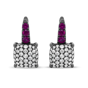 Black Rhodium Plated 18K White Gold 7/8 Cttw Round Diamond and Graduated Red Ruby Drop Earrings (F-G Color, VS1-VS2 Clarity)