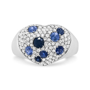 18K White Gold Blue Sapphire and 5/8 Cttw Diamond Cluster Heart Shaped  Ring (F-G Color, VS1-VS2 Clarity)