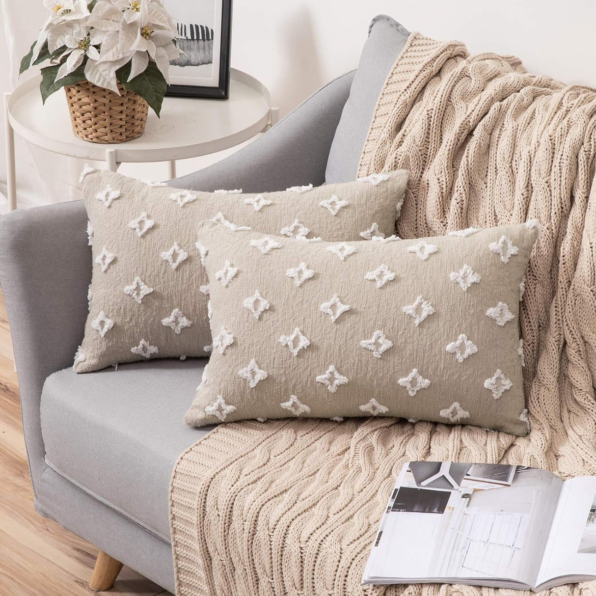 12''x20'' Tufted Floral lumbar support 100% cotton Throw Pillow | 7 Colors – Textured Daisy Stitch Design | Boho Chic Lumbar & Accent Pillow | Insert Included