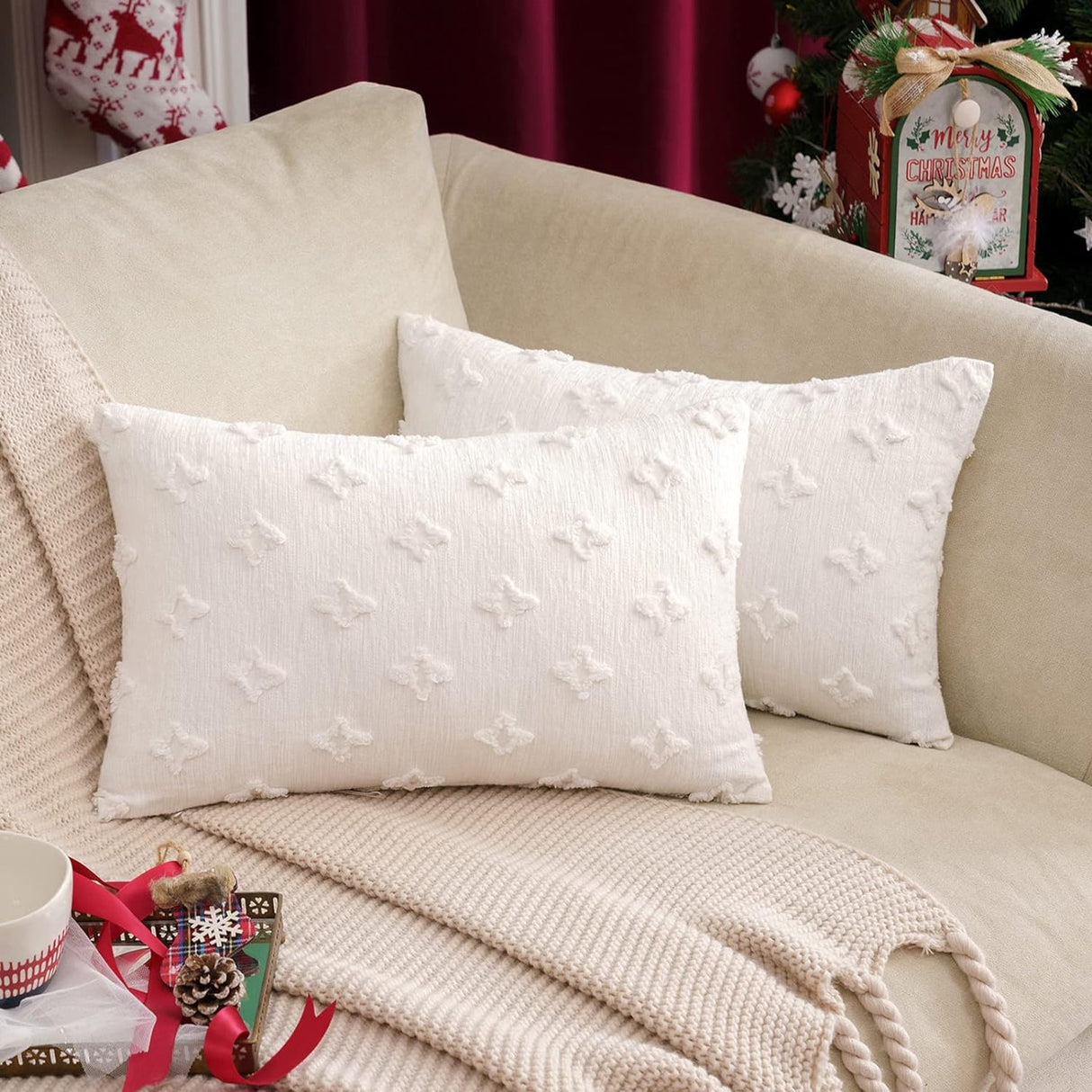 12''x20'' Tufted Floral lumbar support 100% cotton Throw Pillow | 7 Colors – Textured Daisy Stitch Design | Boho Chic Lumbar & Accent Pillow | Insert Included