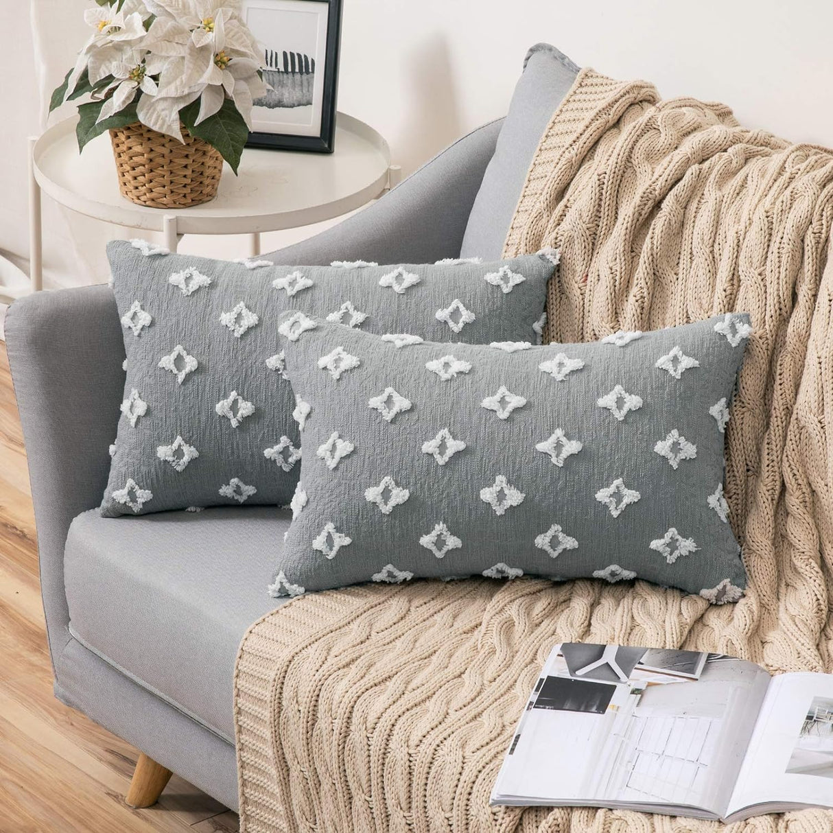 12''x20'' Tufted Floral lumbar support 100% cotton Throw Pillow | 7 Colors – Textured Daisy Stitch Design | Boho Chic Lumbar & Accent Pillow | Insert Included
