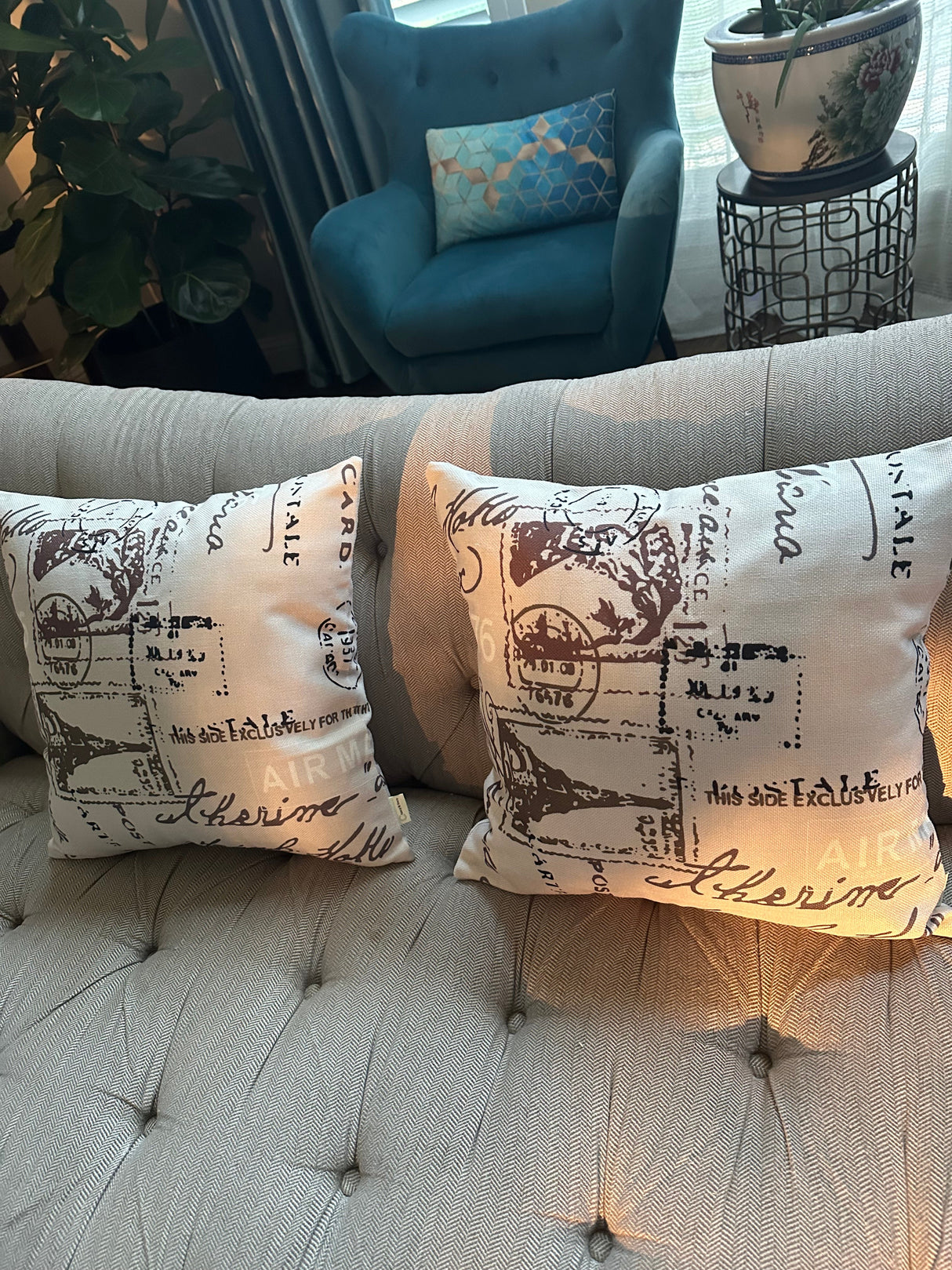 Vintage Postcard Eiffel Tower Throw Pillow Covers  size 18"x18"