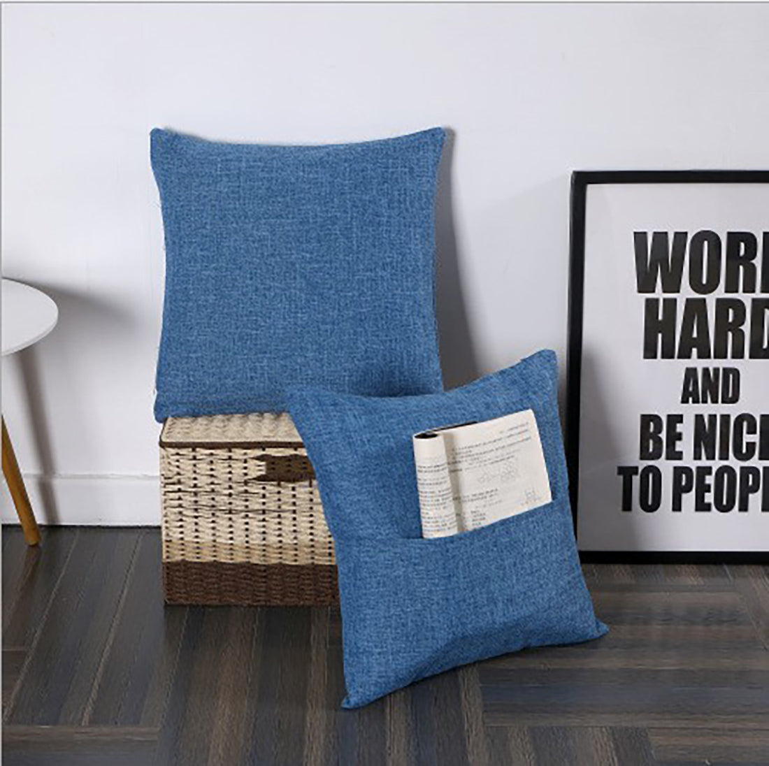Set of 2 Polyester/Linen Blend Throw Pillow with magazine pocket on the side  size 18"x18"  450g inserts