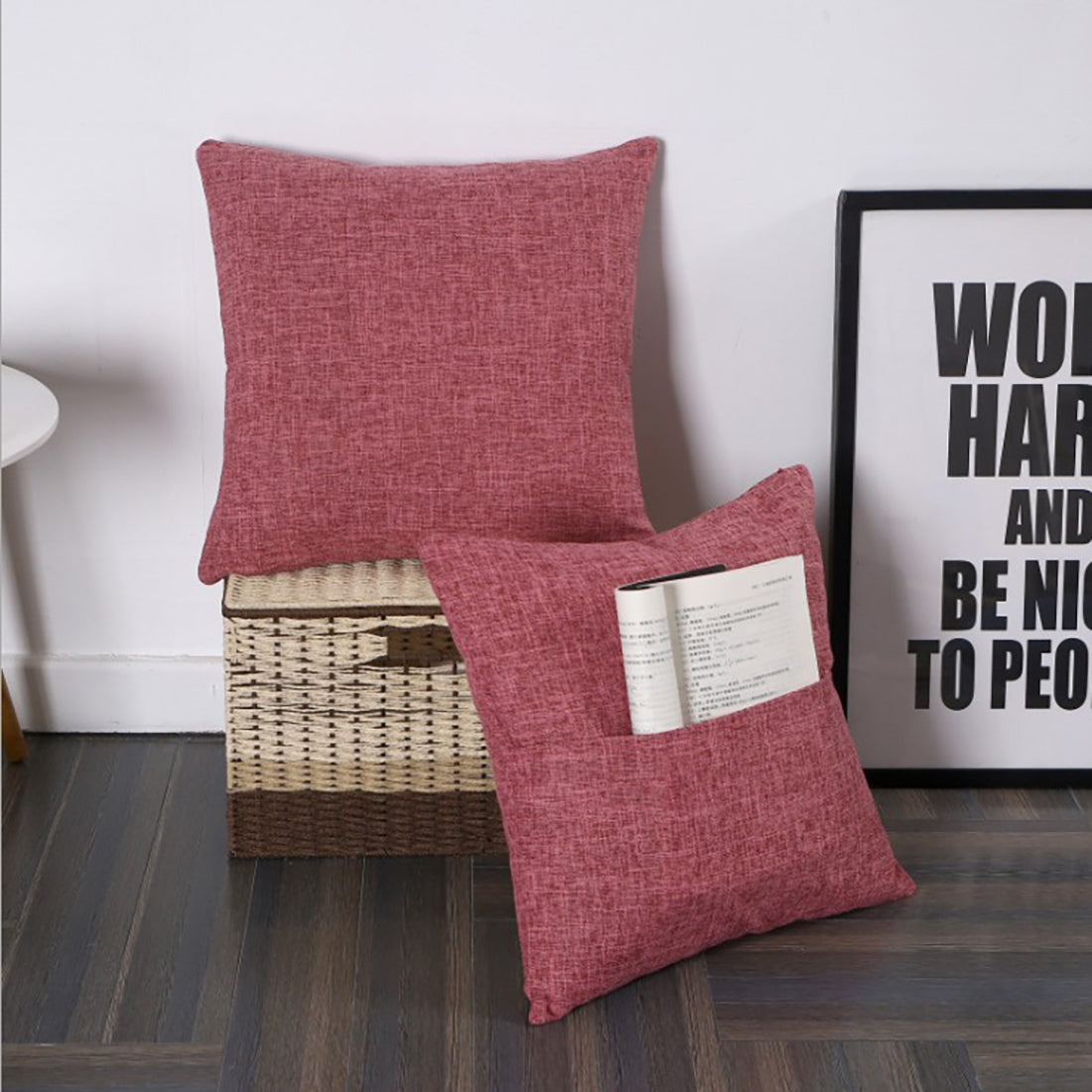 Set of 2 Polyester/Linen Blend Throw Pillow with magazine or tablet pocket on the side  size 18"x18"  450g insert