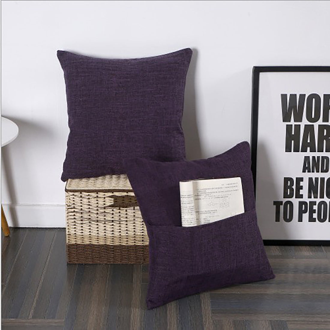 Set of 2 Polyester/Linen Blend Throw Pillow with magazine pocket on the side  size 18"x18"  450g inserts