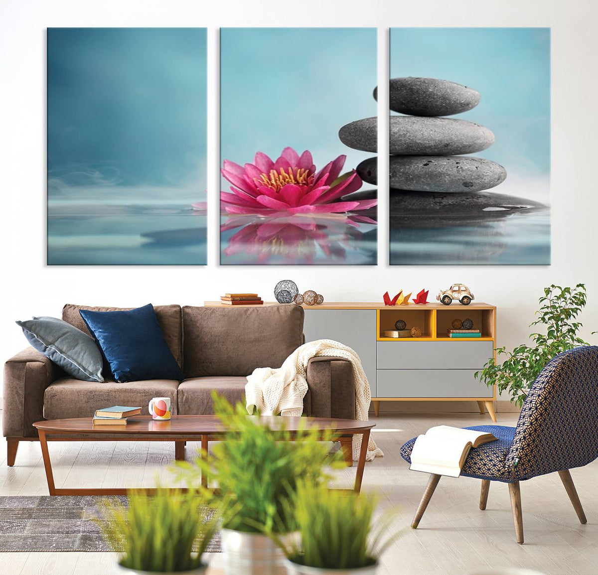Zen Serenity Triptych Canvas Art, Lotus Flower and Balancing