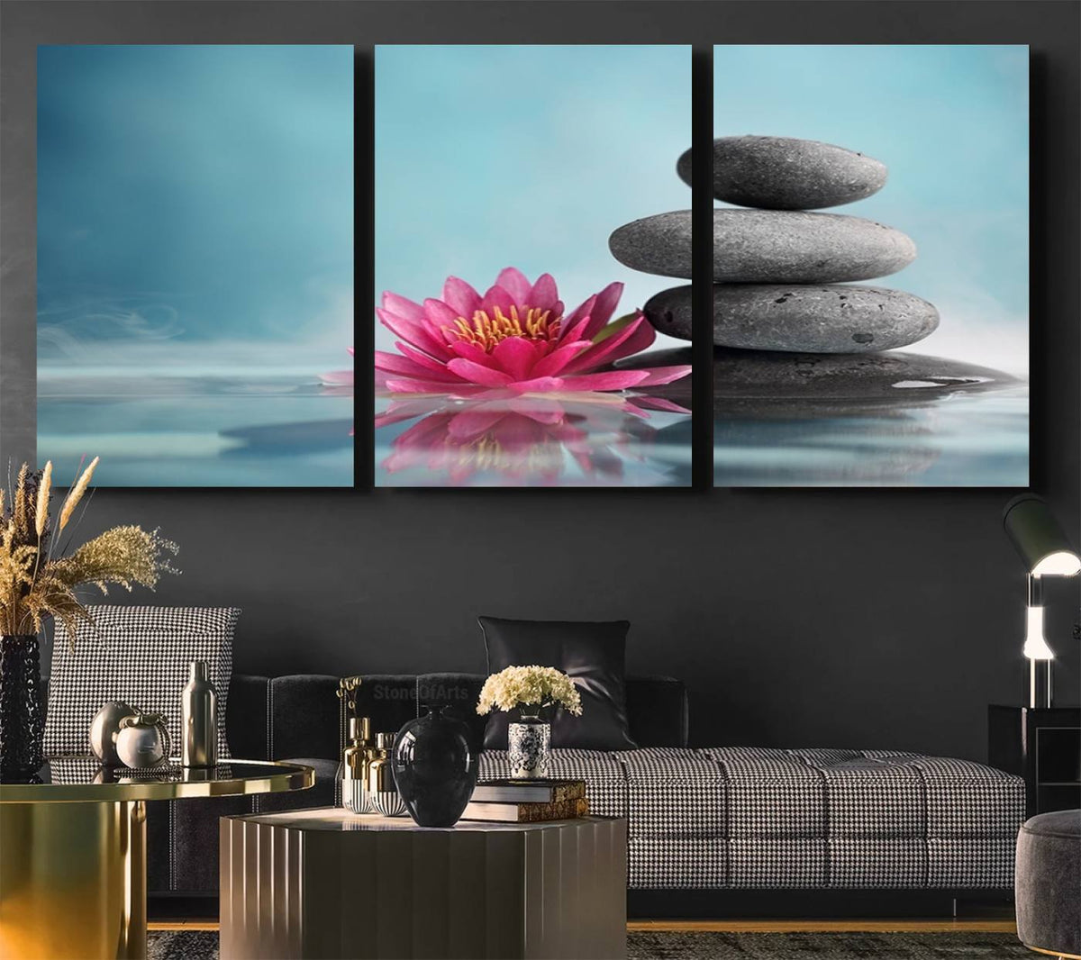Zen Serenity Triptych Canvas Art, Lotus Flower and Balancing