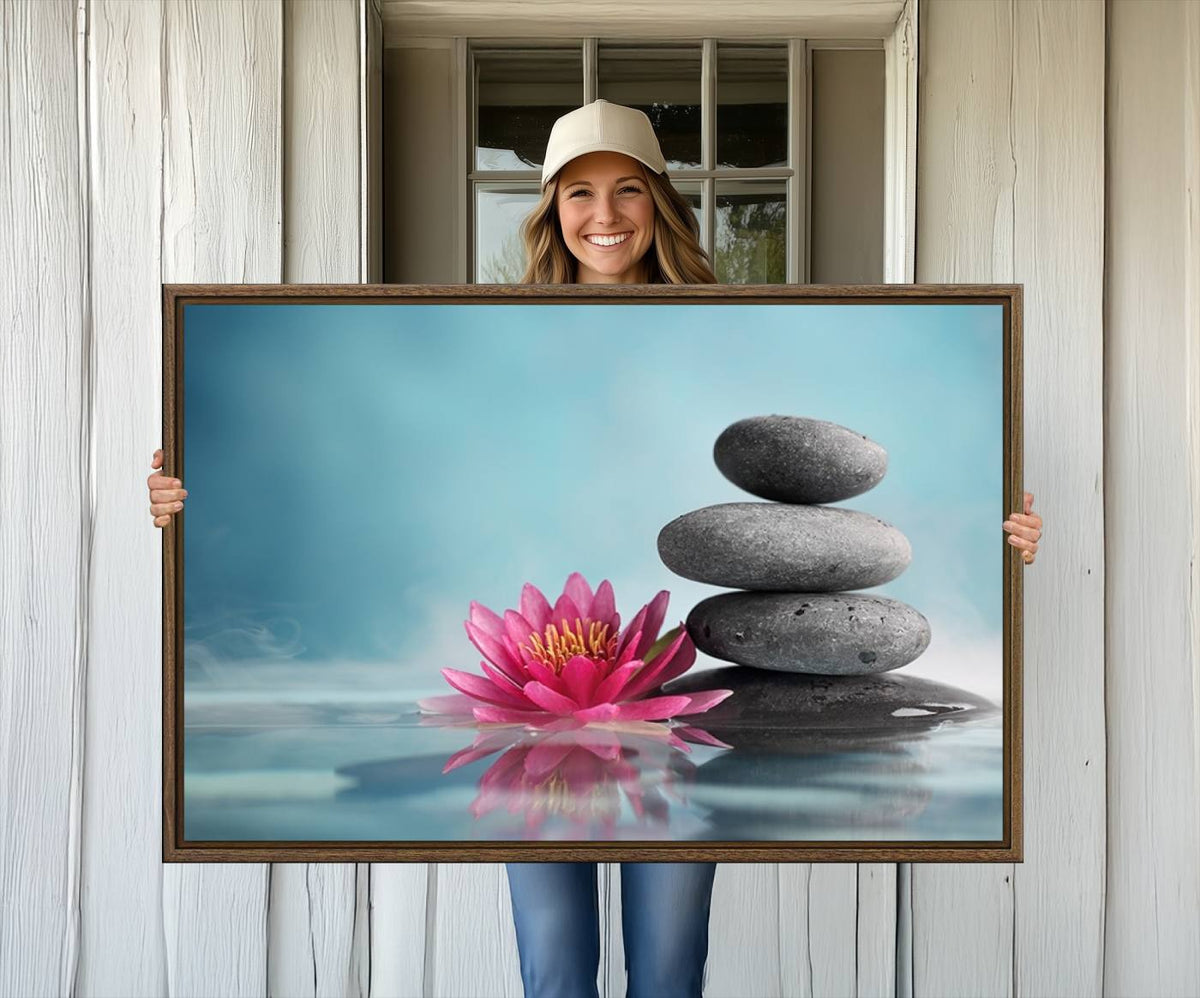 Zen Serenity Triptych Canvas Art, Lotus Flower and Balancing