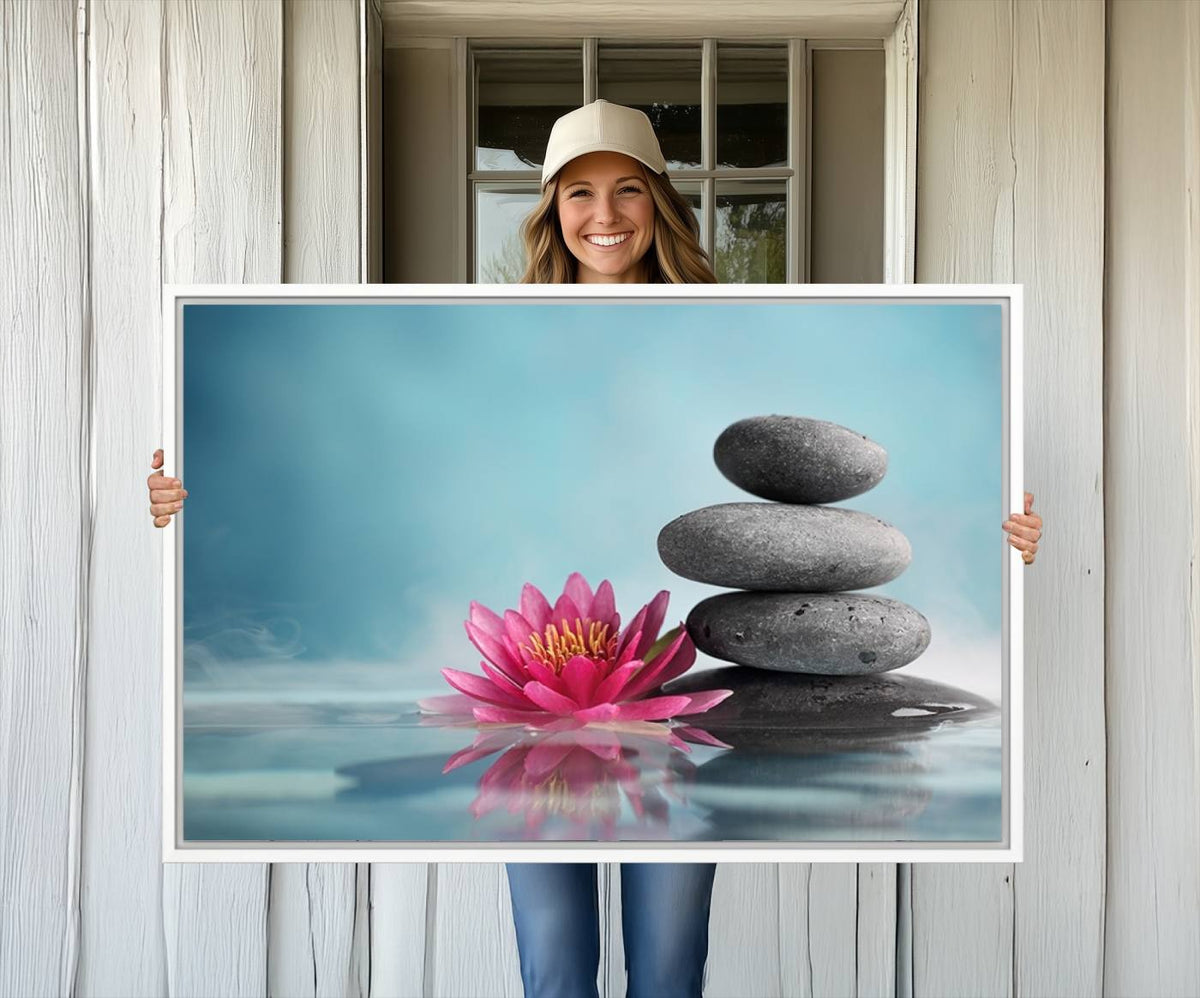 Zen Serenity Triptych Canvas Art, Lotus Flower and Balancing