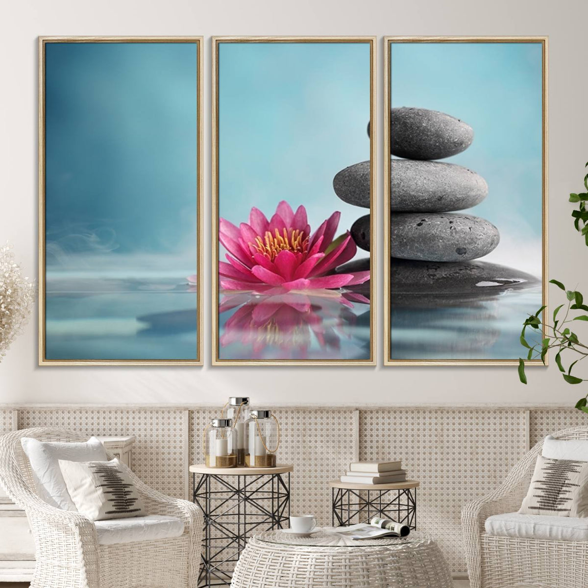 Zen Serenity Triptych Canvas Art, Lotus Flower and Balancing