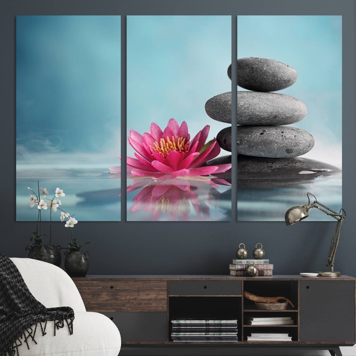 Zen Serenity Triptych Canvas Art, Lotus Flower and Balancing