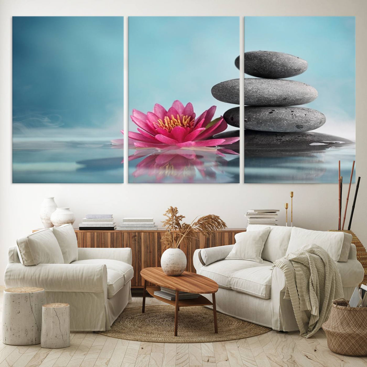 Zen Serenity Triptych Canvas Art, Lotus Flower and Balancing