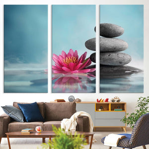 Zen Serenity Triptych Canvas Art, Lotus Flower and Balancing