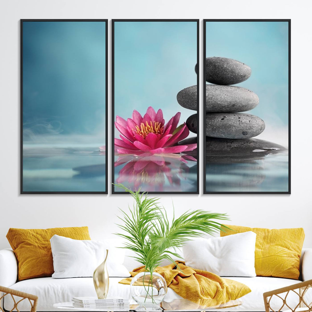 Zen Serenity Triptych Canvas Art, Lotus Flower and Balancing