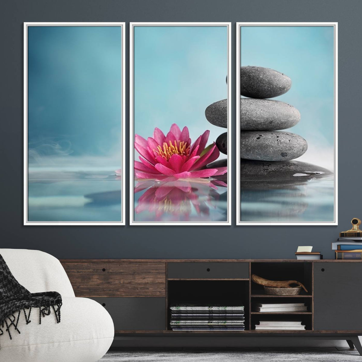 Zen Serenity Triptych Canvas Art, Lotus Flower and Balancing