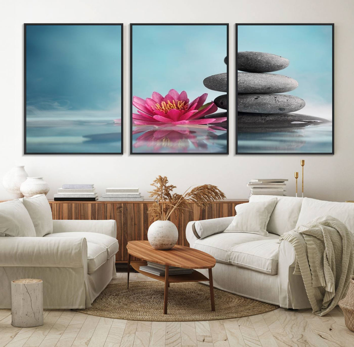 Zen Serenity Triptych Canvas Art, Lotus Flower and Balancing