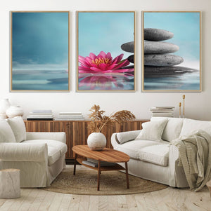 Zen Serenity Triptych Canvas Art, Lotus Flower and Balancing