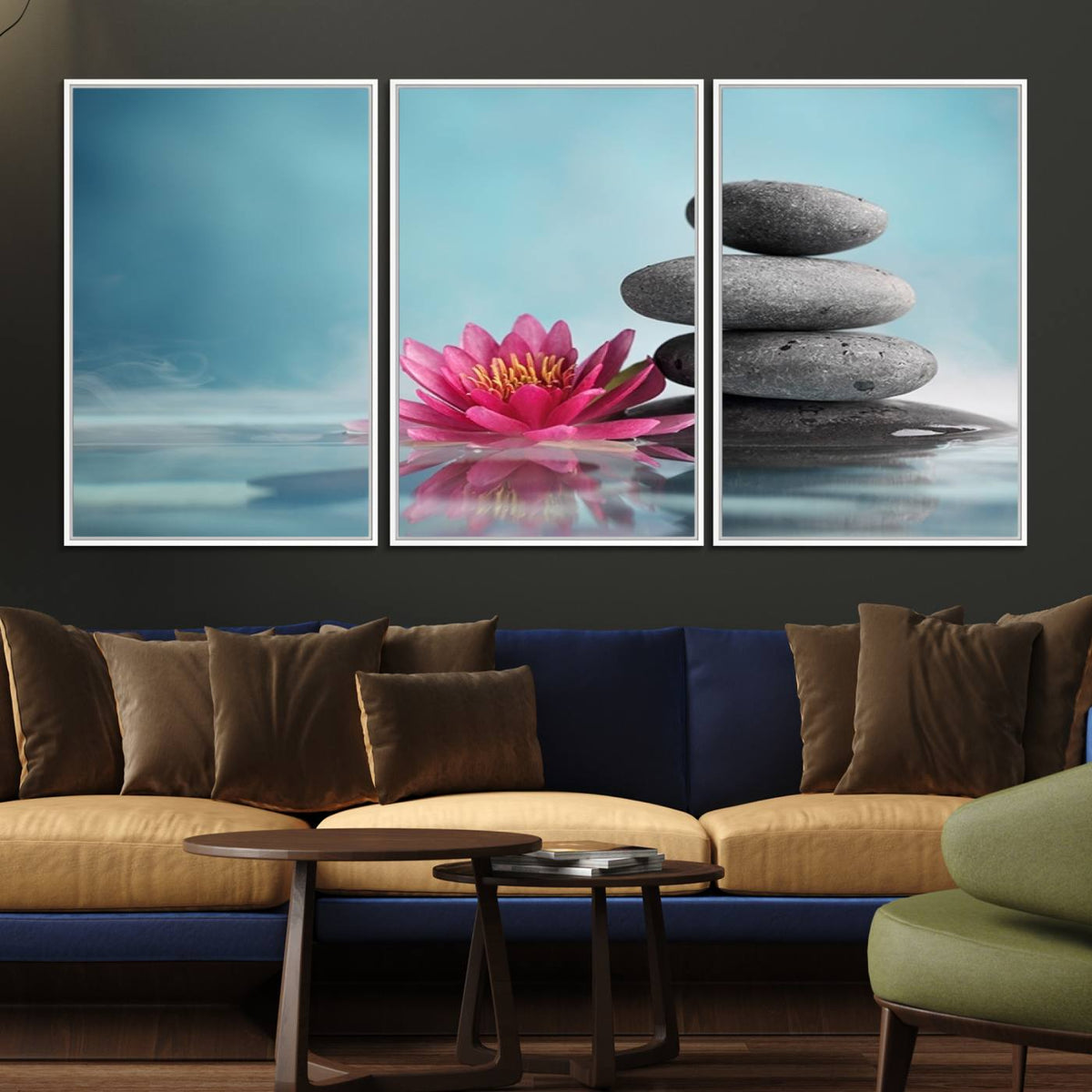 Zen Serenity Triptych Canvas Art, Lotus Flower and Balancing