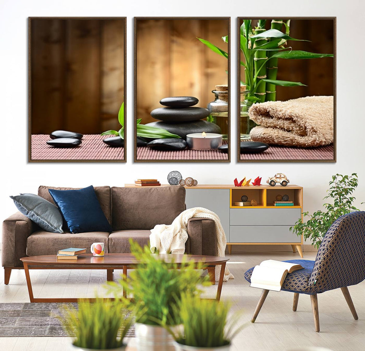 Zen Serenity Triptych Canvas Art, Pink Lotus Flower and