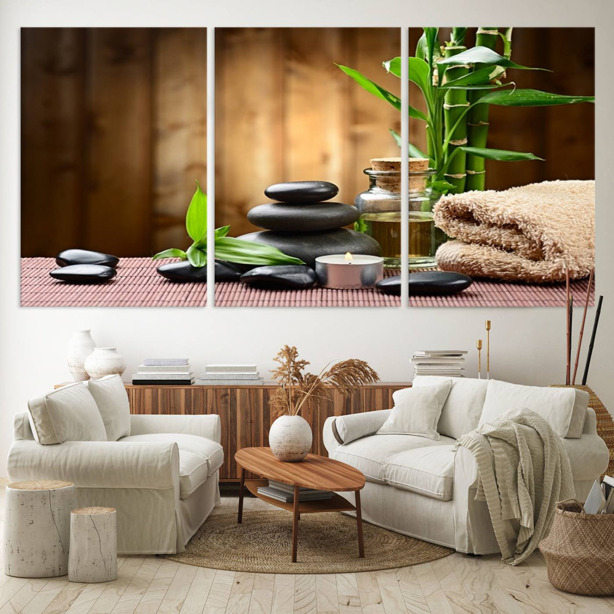 Zen Serenity Triptych Canvas Art, Pink Lotus Flower and