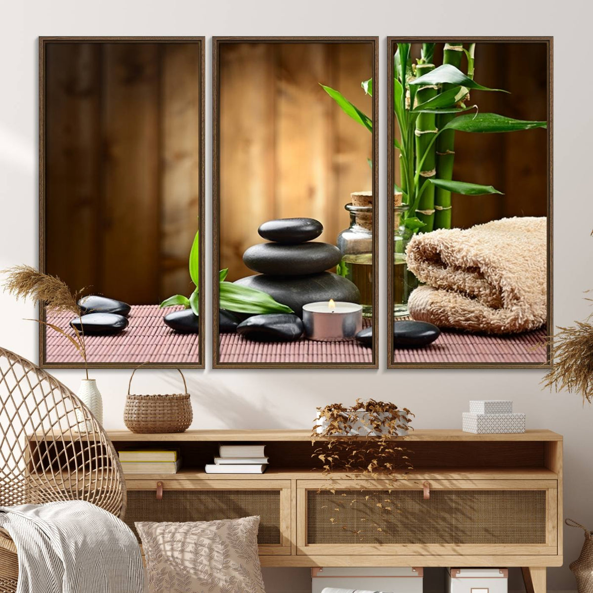 Zen Serenity Triptych Canvas Art, Pink Lotus Flower and