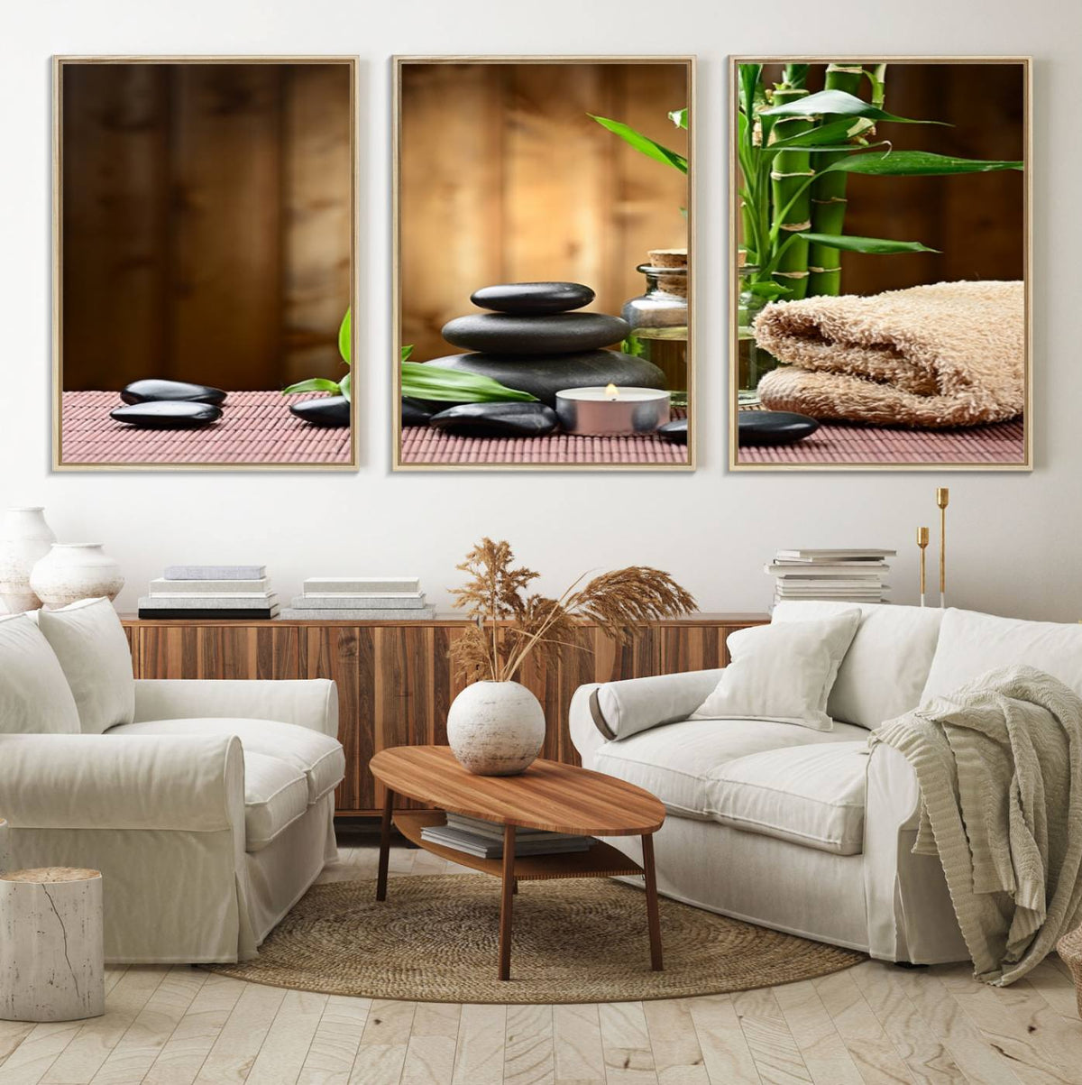 Zen Serenity Triptych Canvas Art, Pink Lotus Flower and