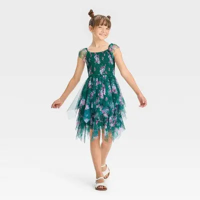 ZENZI Girls' Tiered Mesh Dress Smocked Smocked Bodice Cap Sleeve