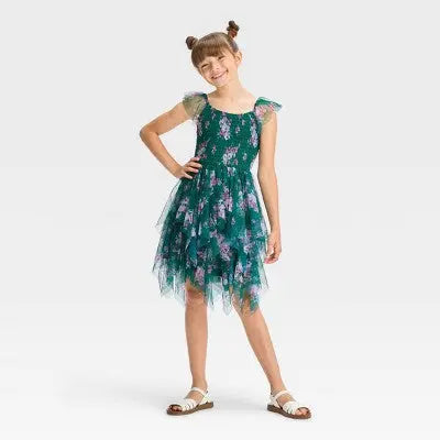 ZENZI Girls' Tiered Mesh Dress Smocked Smocked Bodice Cap Sleeve