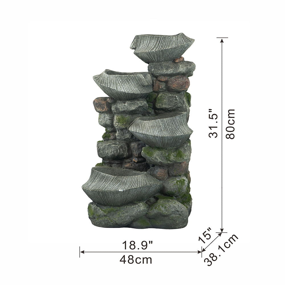 Indoor Outdoor Stone Water Fountain - 4 Tier Polyresin with LED Light