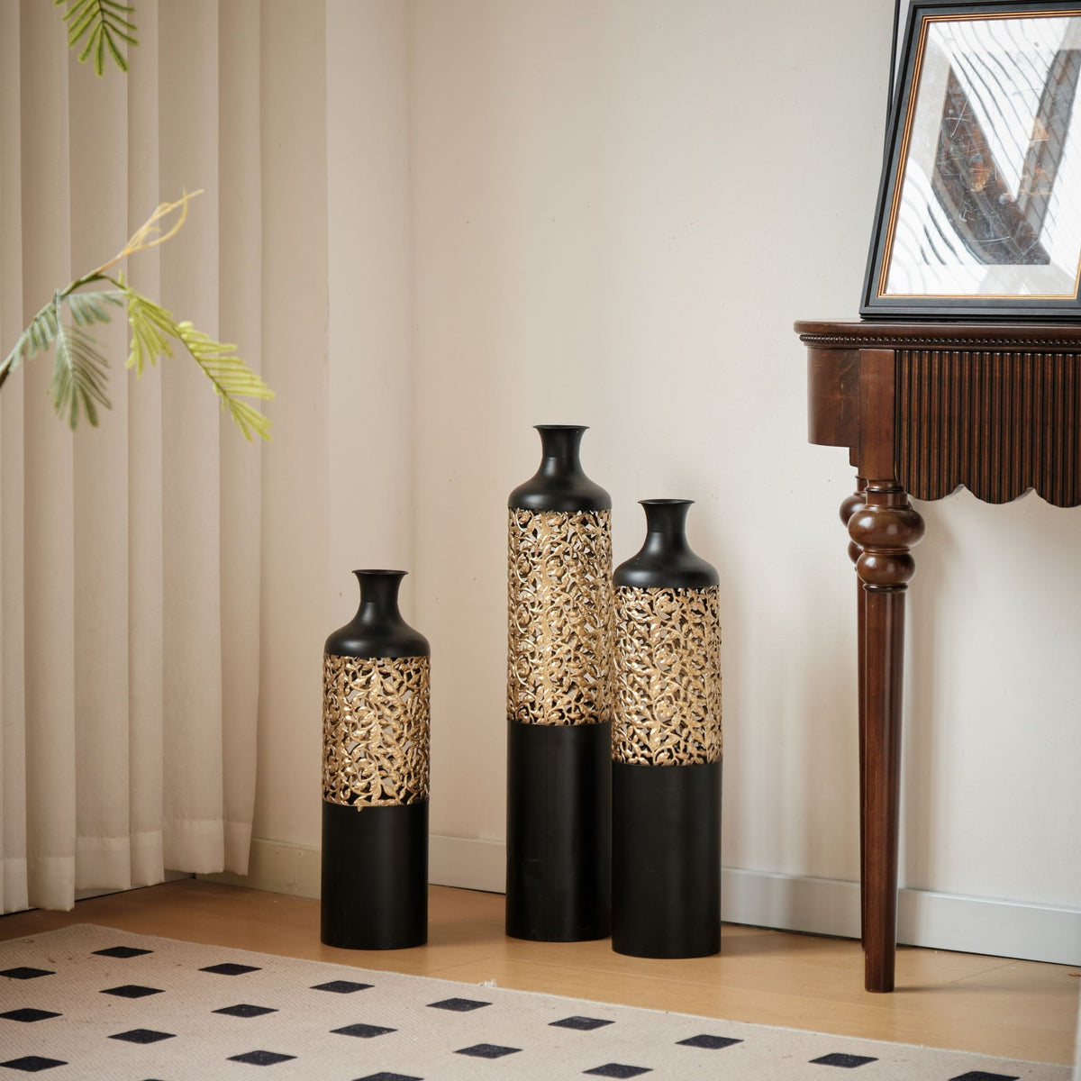 Floor Metal Vases Decorated Metal Vases (Set of 3) Gorgeous Home Decoration Large Glazed Metal Vases - Black / Gold