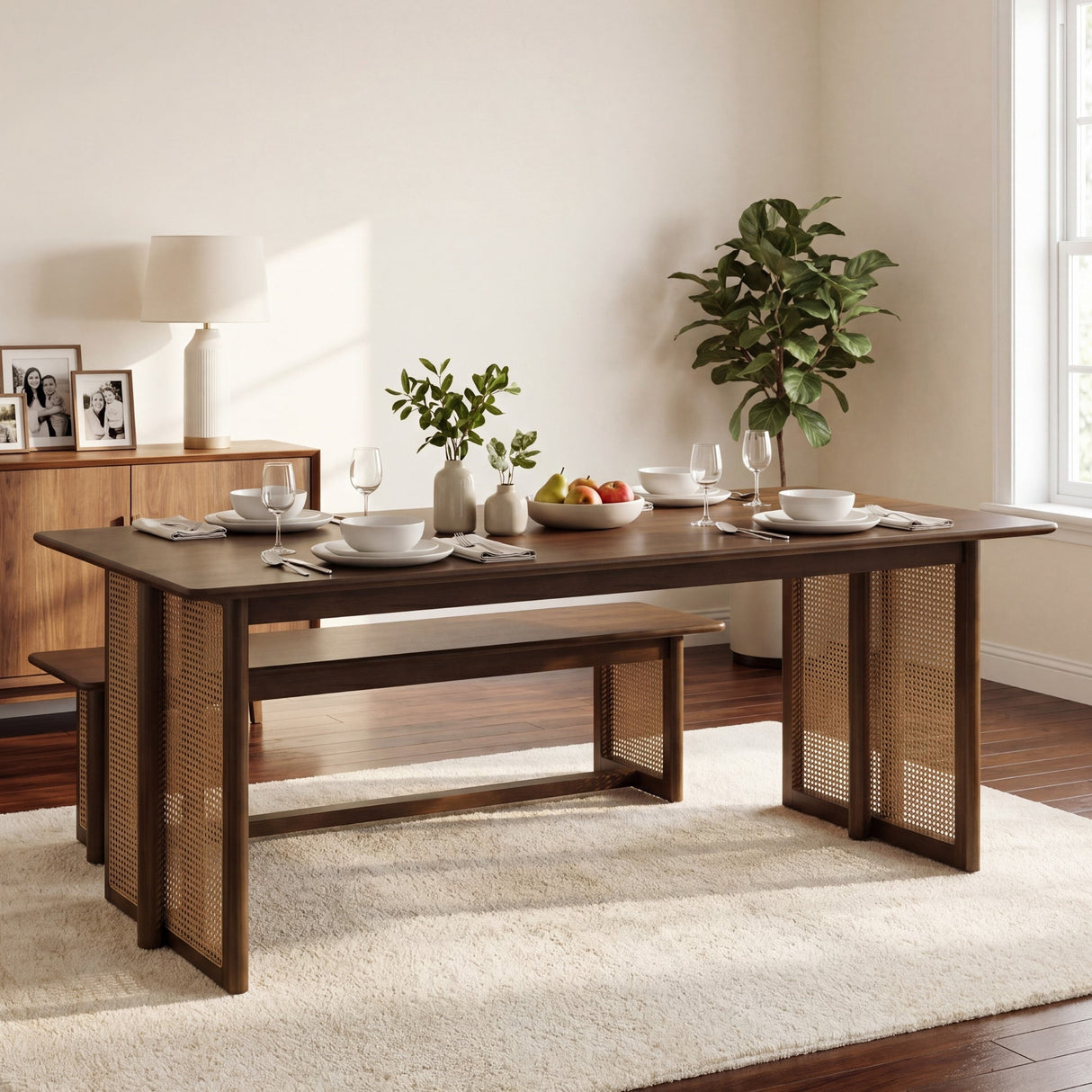 Walnut-Colored Rubber Wood Dining Table with Rattan Accents