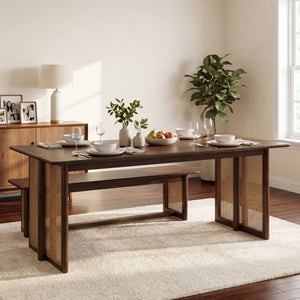 Walnut-Colored Rubber Wood Dining Table with Rattan Accents