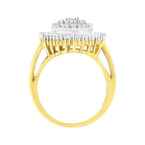 10K Yellow Gold 1.0 Cttw Round and Baguette Cut Diamond Oval Shaped Cluster Ring (I-J Color, I1-I2 Clarity) - Size 7