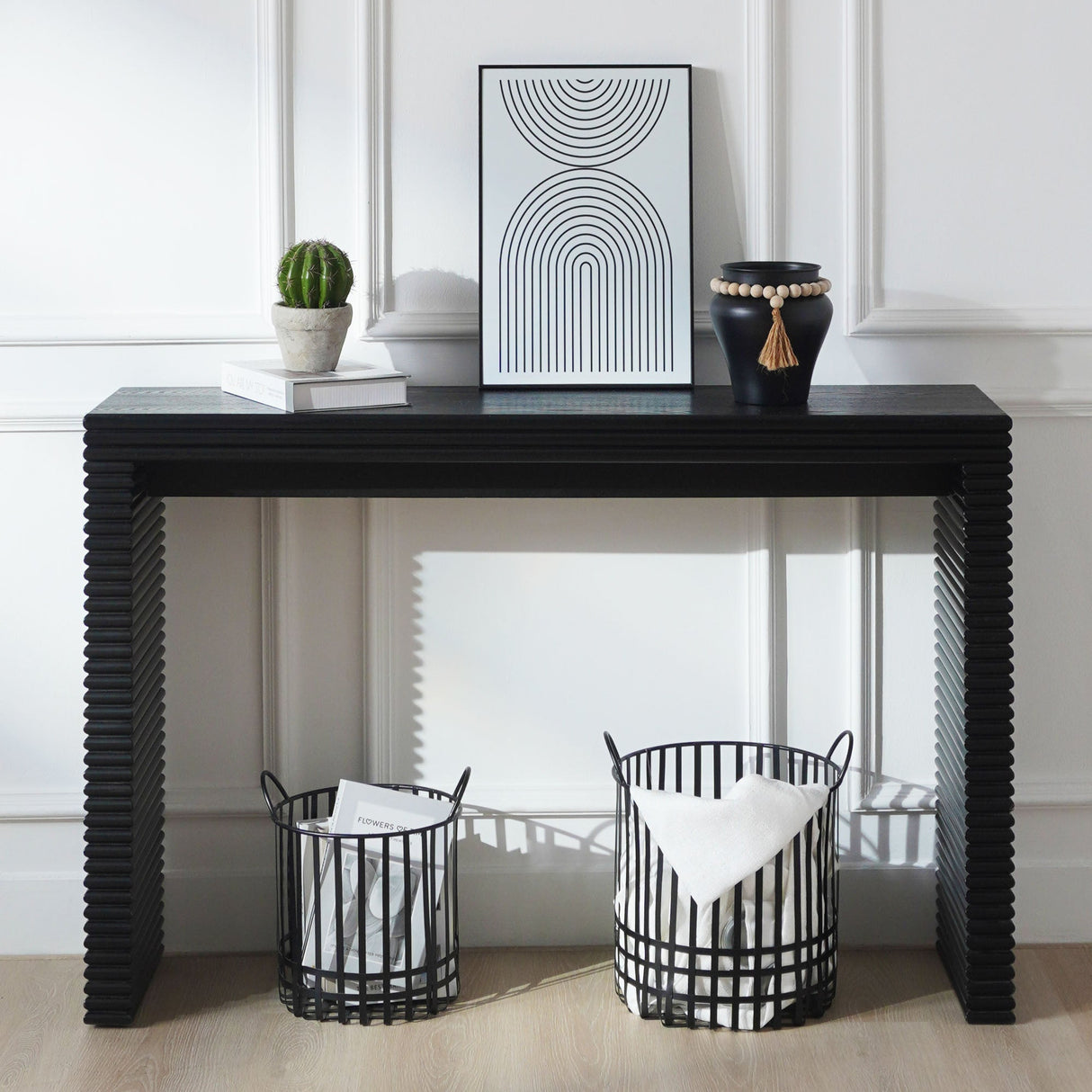 47" Modern Black Wood Console Table with Ribbed Legs