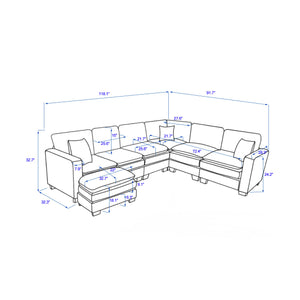 Modern U Shaped 6-Seat Sectional Sofa Couch with Ottoman