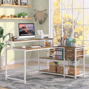 L-Shaped Home Office Desk With Monitor Riser, Drawers, And Storage Shelves