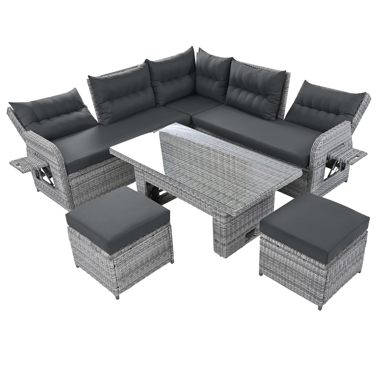 Outdoor Furniture Set Patio Rattan Furniture with Adjustable Table, Recliners, Side Tables, Ottomans
