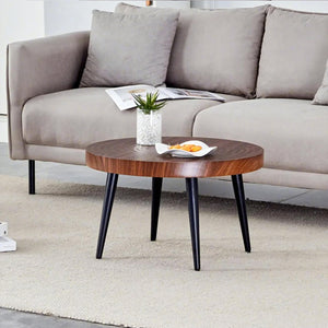 Modern Round Coffee Table - Walnut Pattern MDF And Black Metal Legs