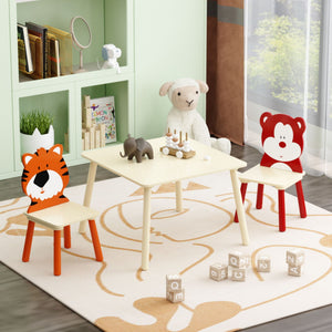 Table And 2 Chairs Set, Activity Play Table Set With Bear & Tiger Design - Natural