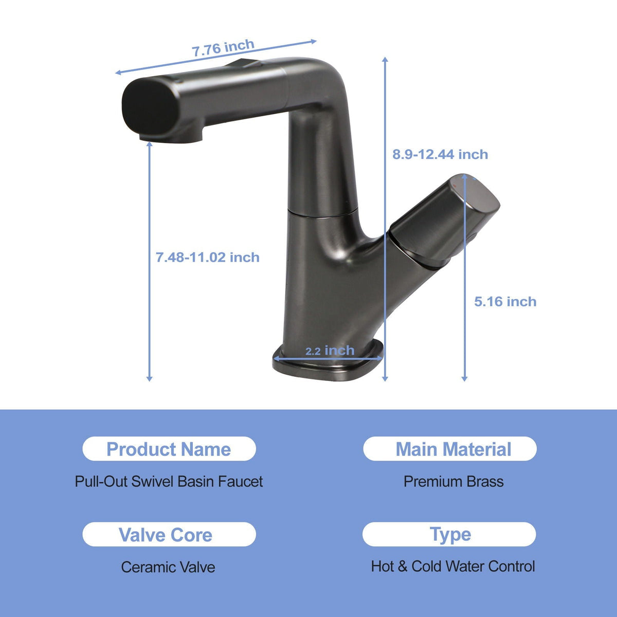Pull Down Bathroom Sink Faucet With 3 Water Modes And Stainless Steel Construction - Gunmetal Black
