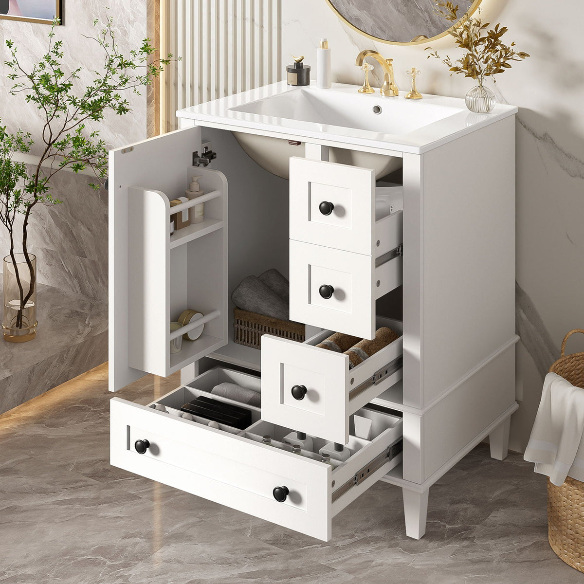 Bathroom Vanity With Integrated Basin, Soft Close Drawers, Door Mounted Double Layer Shelf