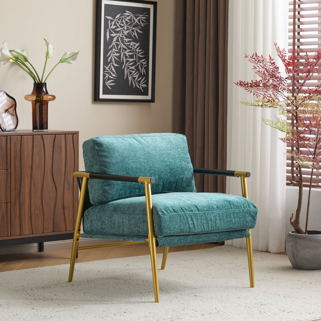 Modern Accent Chair with Plush Cushions and Wooden Armrests
