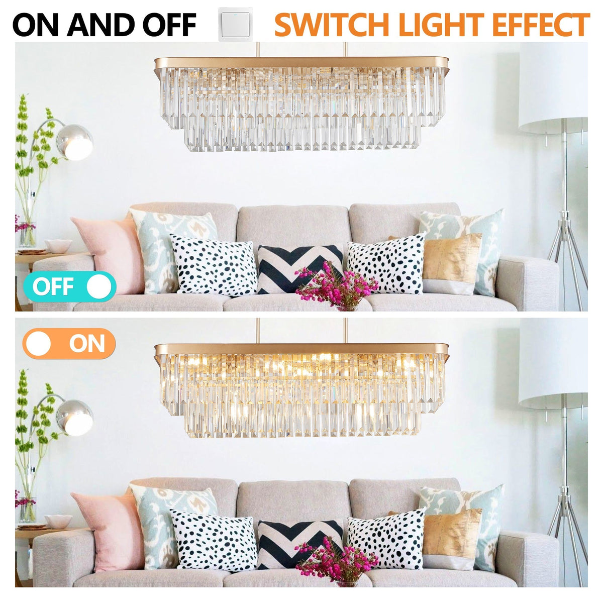 Chandeliers,Rectangular Crystal Chandelier Adjustable,E12 Modern Industrial Crystal Lights,Farmhouse Iron Ceiling Hanging Light for Kitchen Living Room Bedroom/Gold(Bulb Not Included)