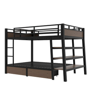 Full Size Metal Bunk Bed with Storage Shelves and USB Power Strip