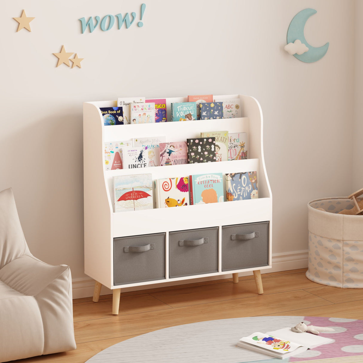 Bookshelf With 3 Storage Bins, Book Display Organizer, Front Facing Book Rack - White