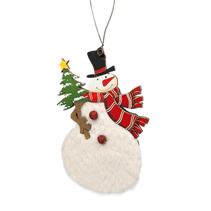 Wood and Fur Snowman Ornament - Tophat with Tree